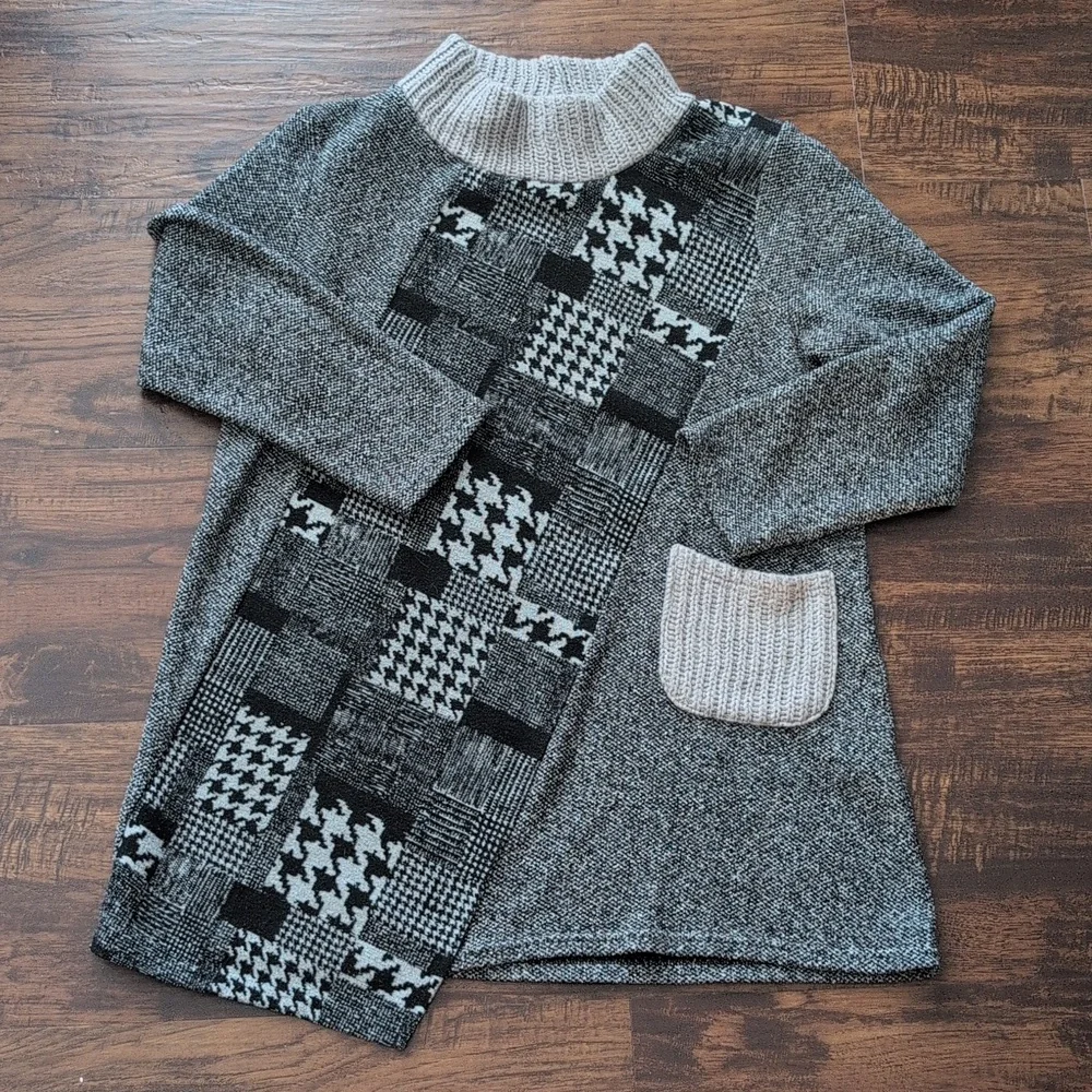 Trisha Tayler Lagenlook Patchwork Houndstooth Knit Tunic Sweater Size L - Picture 8 of 15